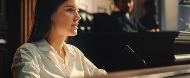 Woman testifying in court, speaking confidently at the witness stand.