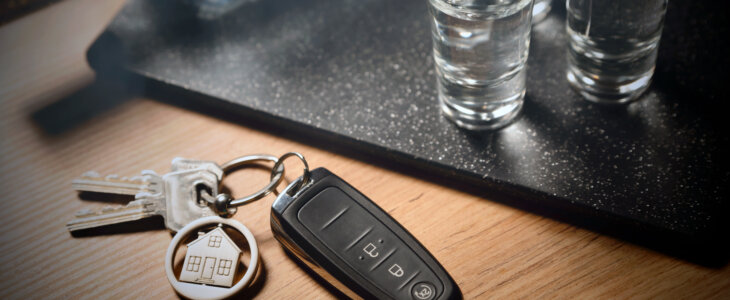 car key fob and house keyring on a wooden table beside shot glasses
