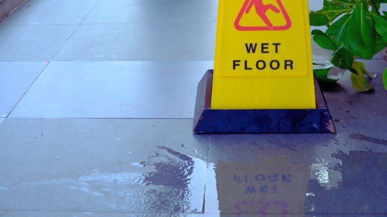 Wet floor and warning sign on a slippery walkway